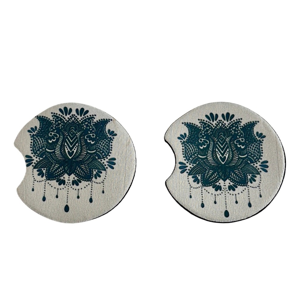 Set of 2 Lotus Mandala Car Cup Holder Coasters Neoprene Fabric Auto Accessories